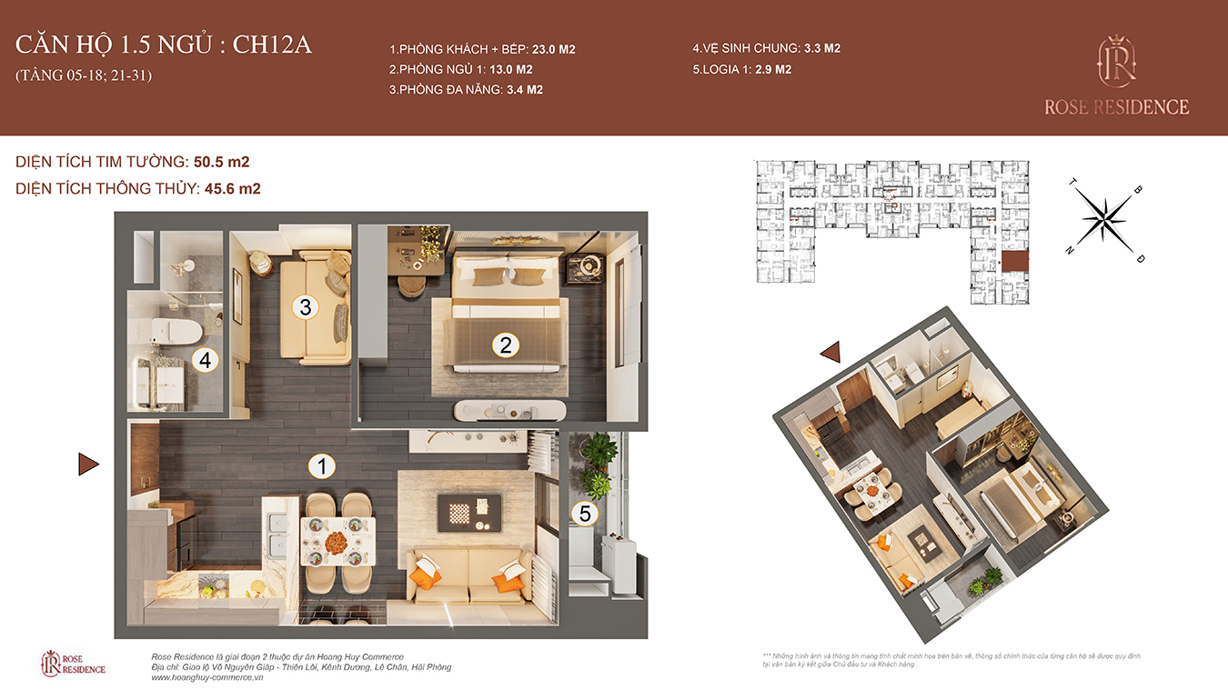 Mặt bằng CH12A Rose Residence - 1PN+1