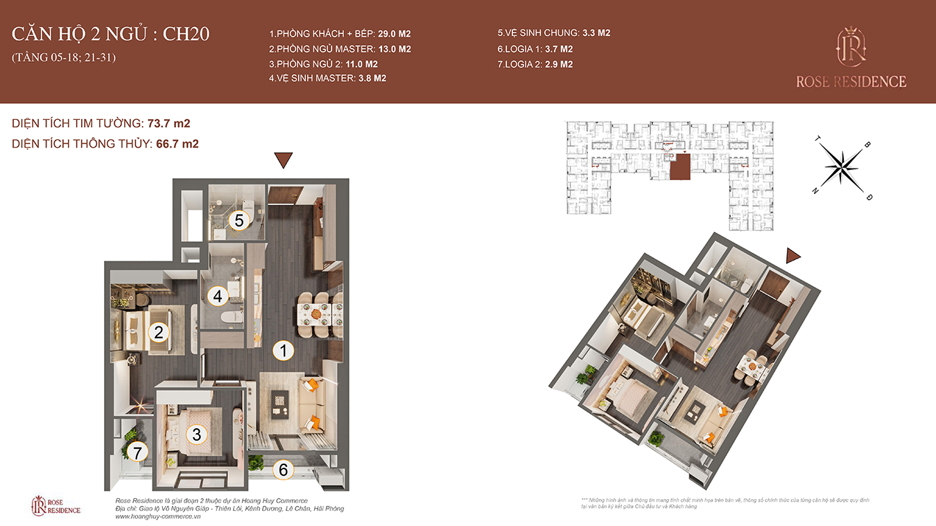 Mặt bằng CH20 Rose Residence - 2PN