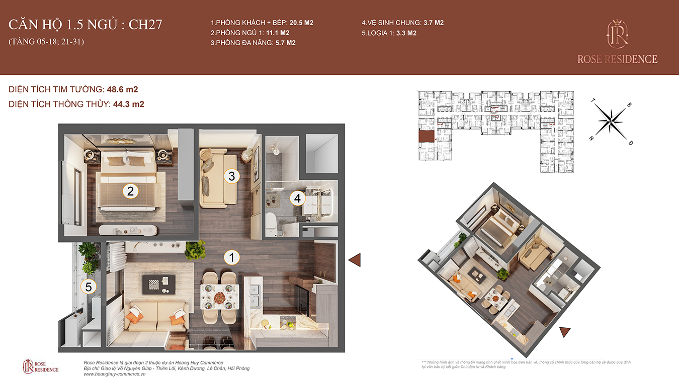 Mặt bằng CH27 Rose Residence - 1PN+1