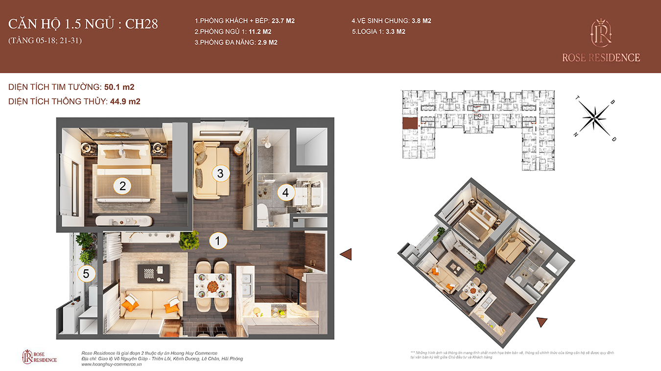 Mặt bằng CH28 Rose Residence - 1PN+1