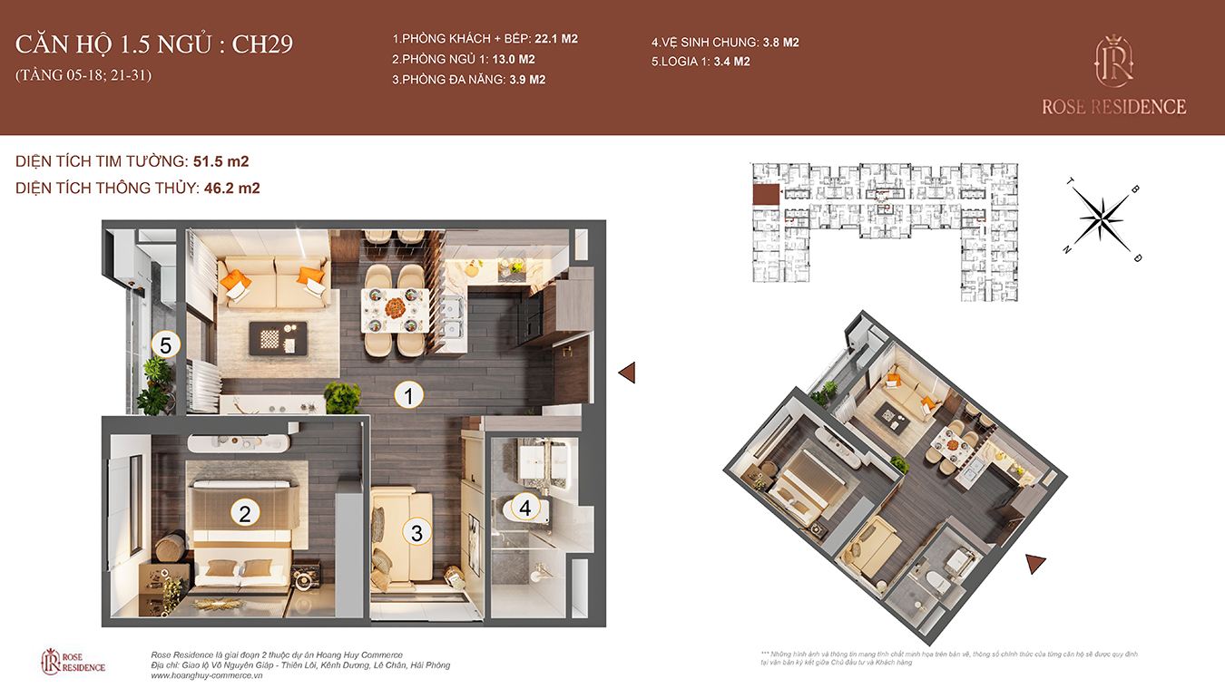 Mặt bằng CH29 Rose Residence - 1PN+1