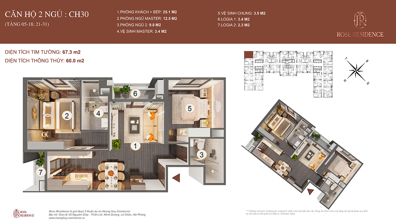 Mặt bằng CH30 Rose Residence - 2PN