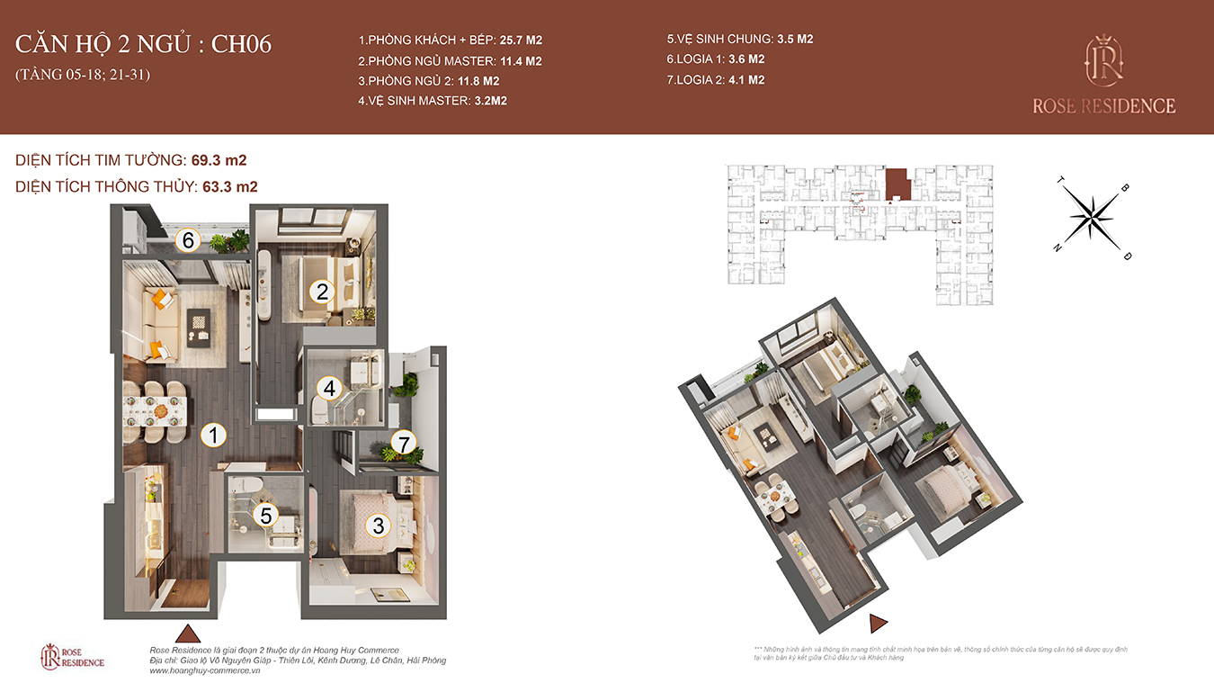 Mặt bằng CH06 Rose Residence - 2PN